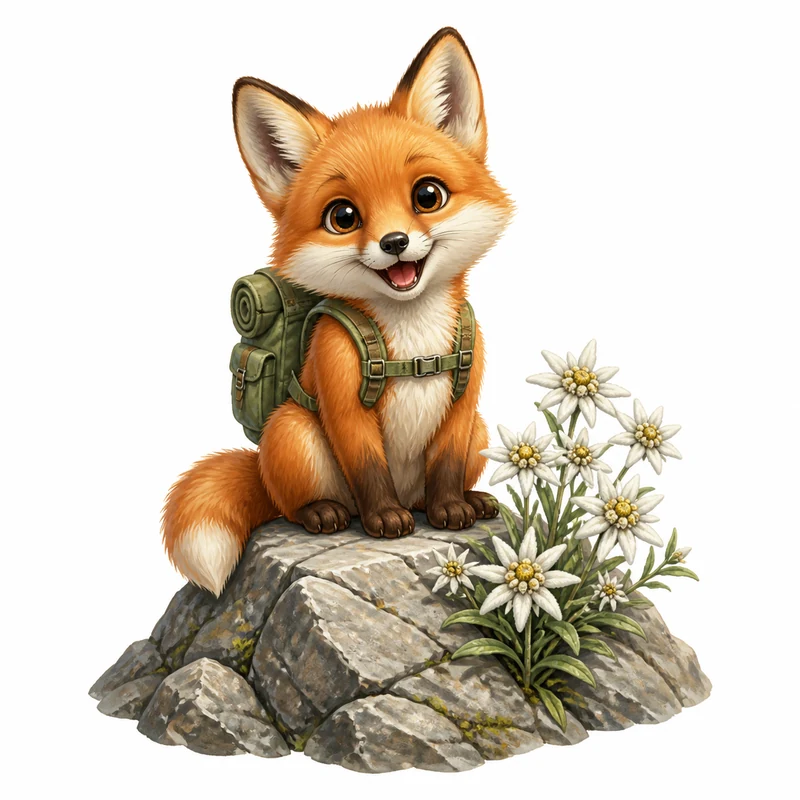 Mit KI gestalteter Baby-Fuchs mit Wanderrucksack, Bergfelsen und Edelweiss